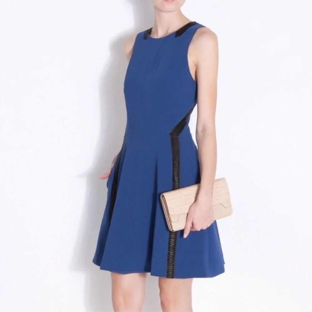 NEW Rag & Bone Renard Dress Mini Blue Leather Trim Flare Sleveless Size 0